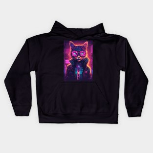 Futuristic Cyberpunk Neon Cat Wearing Glasses Kids Hoodie